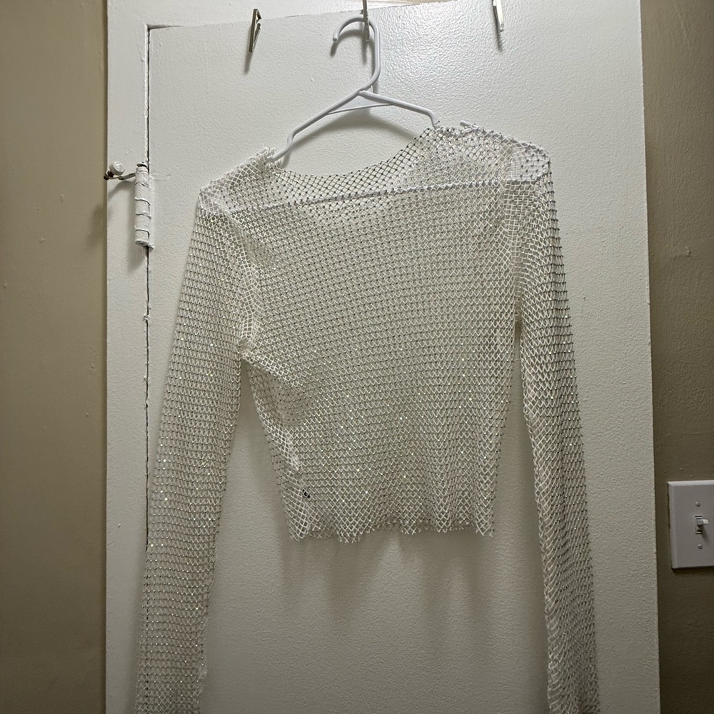 Elegant White Mesh Long Sleeve Top